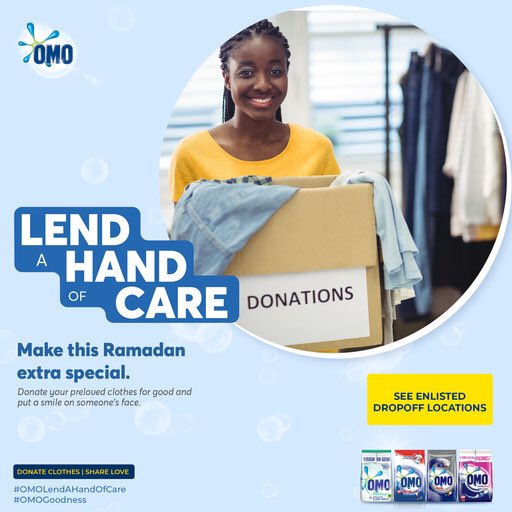 OMODetergentNG's tweet photo. Yet to donate your pre – loved clothes?  Click https://t.co/71kUzJMWq2  for drop-off locations near you. Your donation will help make this Ramadan extra special for someone.
#OMOLendAHandOfCare  #OMOGoodness https://t.co/NbLN5IJq0d