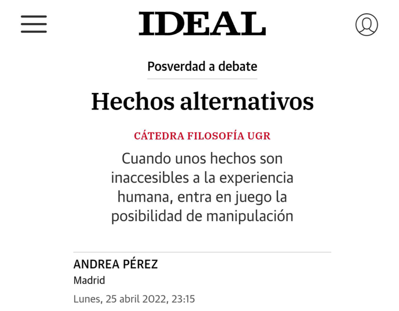 AndreaPzrz's tweet photo. ¿Es posible un "hecho alternativo"? ¿De dónde procede esta expresión? La Cátedra de Filosofía de la @CanalUGR lanza un diccionario divulgativo sobre #posverdad: 🔎https://t.co/tpvxd2ACSZ.

De "hechos alternativos" me toca hablar en @ideal_granada: https://t.co/iboETUwabP https://t.co/OI9dxKSamd