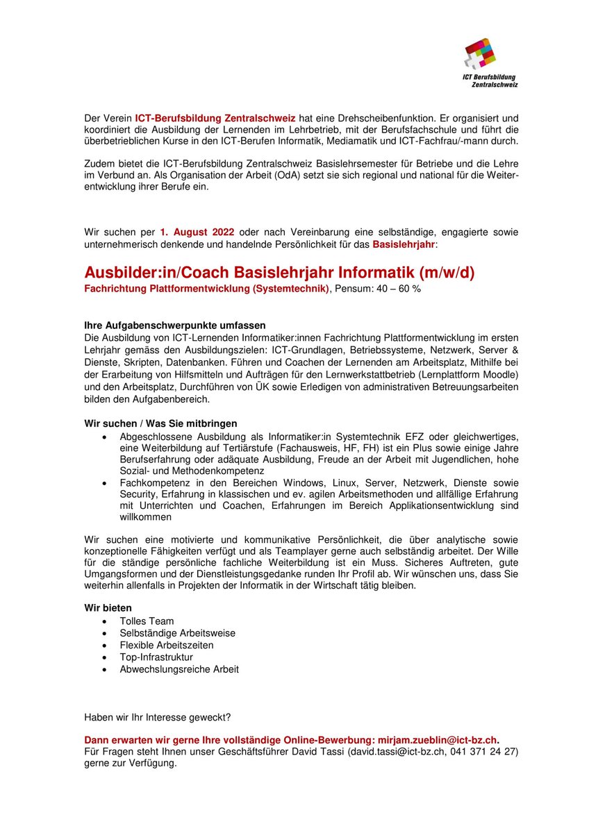 Ich/<a href="/ict_bz/">ICT-Berufsbildung Zentralschweiz</a> suche/t DICH... oder kennst Du jemanden, der jemanden kennt, der jemanden kennt? 🚀💪🏼👩🏼‍💻👨🏼‍💻

#ICT #job #ausbilder #ausbilderin #informatik #systemtechnik #plattformentwicklung #basislehrjahr #ausbildung #coaching #wirsuchendich