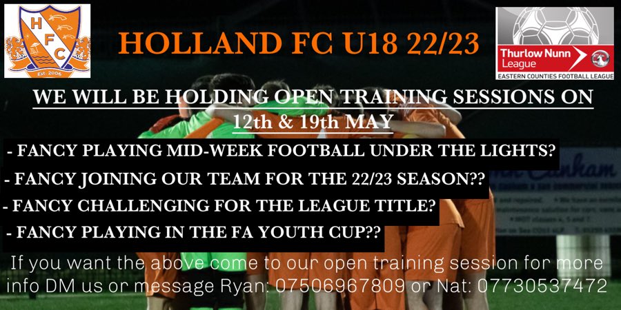 Mightyhfcu18s's tweet photo. ⚽️⚽️OPEN TRAINING SESSION⚽️⚽️

Thursday 12th and 19th MAY 1830hrs at Eastcliff playing fields, Holland on sea. 

Come and join us for the 22/23 season!! We are looking for players to strengthen our current U18s team! https://t.co/3zsIUqTFvn