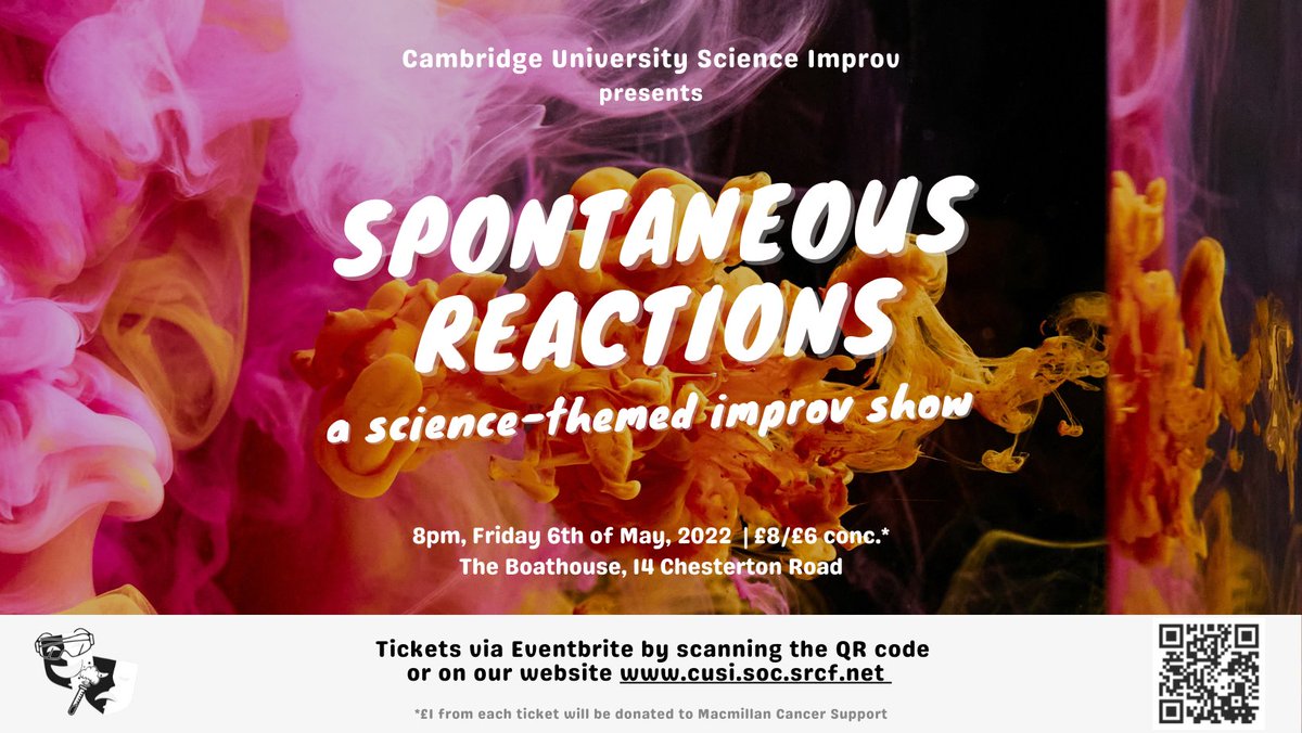 New show launching next Friday!! Join us for SPONTANEOUS REACTIONS on May 6th at 8pm at The Boathouse.

Tickets via Eventbrite:eventbrite.com/e/spontaneous-…

#improv #cambridgeevents #cambridgetheatre #scicomm #scienceimprov #improvisedtheatre #cambridge #sciart