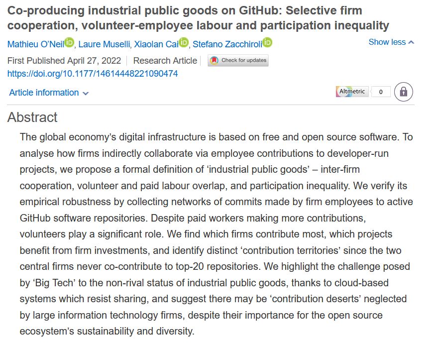 The first article from our <a href="/SloanFoundation/">Sloan Foundation</a>
<a href="/FordFoundation/">Ford Foundation</a> digital infrastructure research  <a href="/zacchiro/">Hello You</a> <a href="/XiaolanSharon/">Xiaolan</a> LMuselli has finally come out. It's in New Media &amp; Society and my personal record: 36 pages! Preprint on our uni repos soon. doi.org/10.1177/146144… #opensource