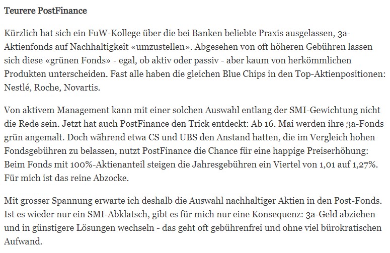 Liebe <a href="/PostFinance/">PostFinance</a>, bevor ihr haufenweise 3a-Kunden verliert (inkl. mir) , empfehle ich dringend, die neuen #Fonds ergänzend zu den bestehenden anzubieten, statt die Kunden in Anlagen zu zwingen, die sie gar nicht wollen. Danke <a href="/FuW_News/">Finanz u. Wirtschaft</a> #3a #Fonds #Gebührenerhöhung #gehtgarnicht
