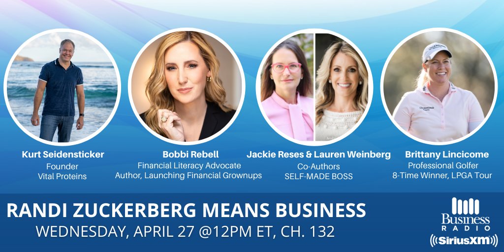 .<a href="/RandiZuckerberg/">Randi Zuckerberg 🤗</a> is LIVE - TODAY at 12pm ET!

🙌Empowering Wellbeing🙌 

- <a href="/VitalProteins/">Vital Proteins</a> Founder on Health Through Nutrition
- <a href="/BobbiRebell/">Bobbi Rebell CFP®Financial Wellness Strategies CEO</a> on Financial Literacy
- <a href="/JackieReses/">Jackie Reses</a> &amp; <a href="/WeinbergLauren/">Lauren</a> on #SelfMadeBoss 
- <a href="/Brittany1Golf/">Brittany Lincicome</a> on Balancing Golf &amp; Kids

🔊#SiriusXM132🔊
