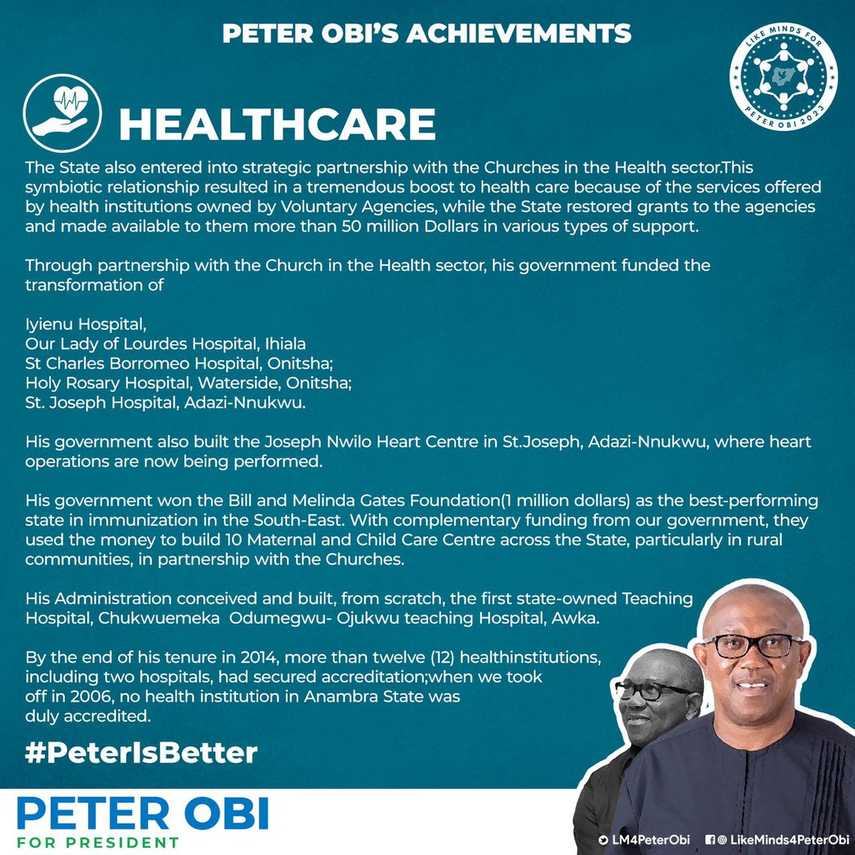 MConnectPlus's tweet photo. H. E Peter Obi improved health care in Anambra State through strategic partnerships and healthcare infrastructure development, imagine what will happen if he becomes President... Seen the Vision? @OfficialPDPNig #PeterIsBetter #PeterObi4President #followthevision https://t.co/azxSvAdp8y