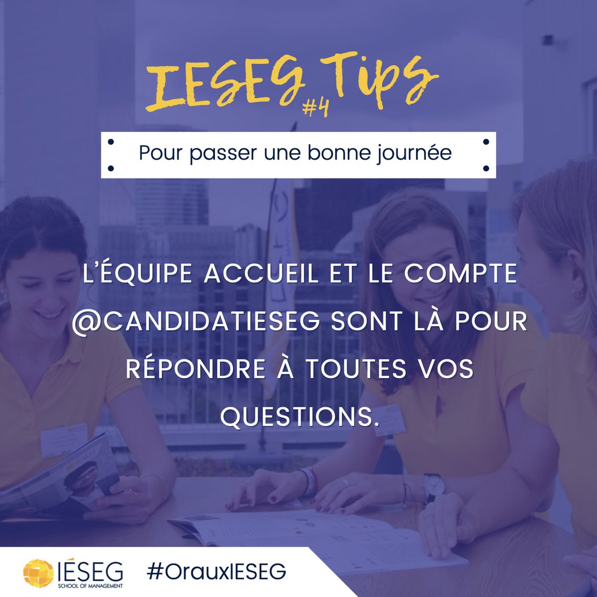 CandidatsIeseg's tweet photo. 💡 Prépare ton oral avec nos #IESEGTips
Tips numéro 4 pour passer une bonne journée : n'hésite pas à poser tes questions à l'équipe Accueil ou à contacter @CandidatsIeseg en message privé 😉 https://t.co/yPgNeX7Ls6
