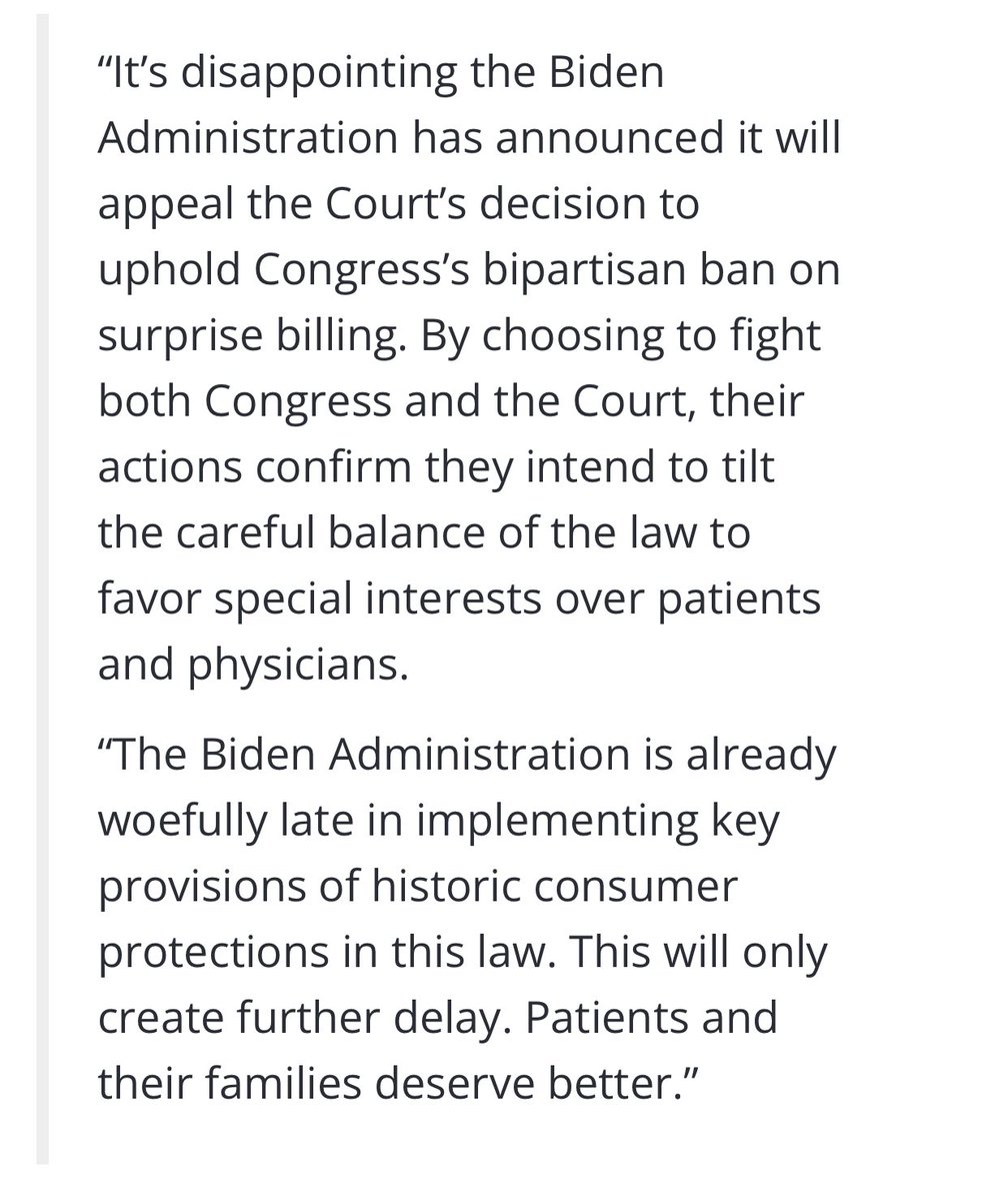 CRCook1978's tweet image. Thank you @RepKevinBrady it appears @SecBecerra @HHSGov @POTUS are going to have to learn by judicial repetition that Congress was intentional on the #norsurprisesact. These appeals are wasteful &amp;amp; revealing that @potus is aligned w/ #biginsurance  bit.ly/3vjB64c