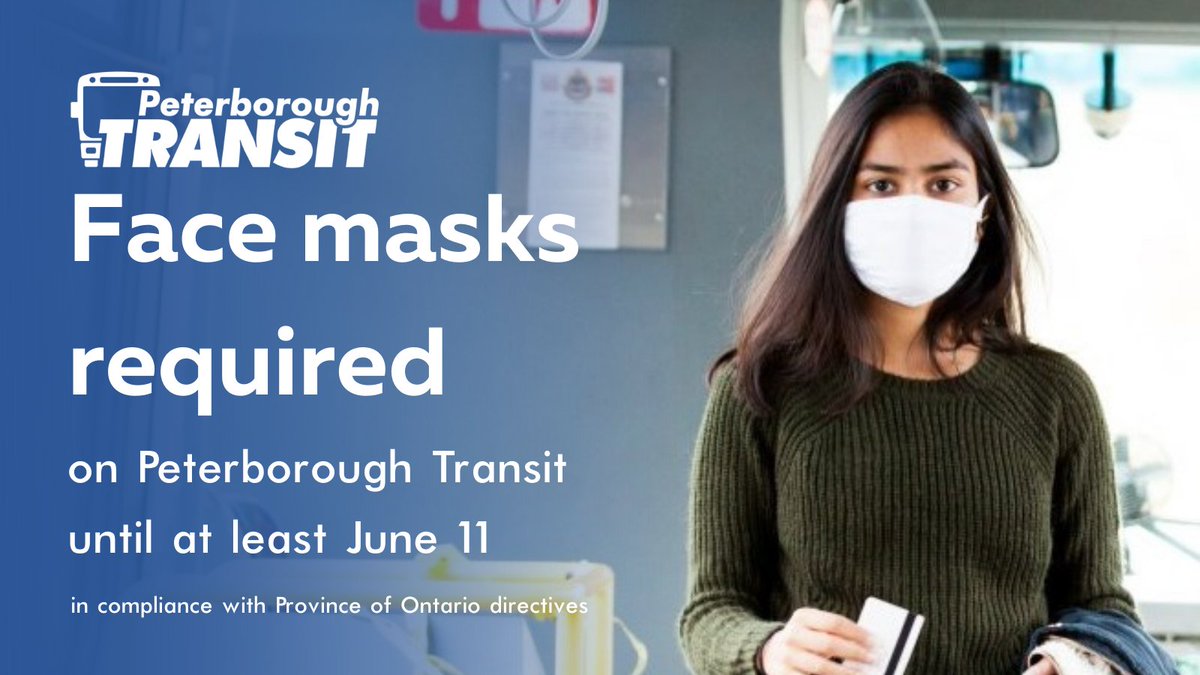 CityPtbo_'s tweet photo. The Province of Ontario has extended masking requirements for customers using public transit until at least June 11, 2022, to reduce the spread of COVID-19. 

Under the provincial direction, masks are required when on Peterborough Transit. @PtboTransit 

#StaySafe https://t.co/NYOptx7N4b