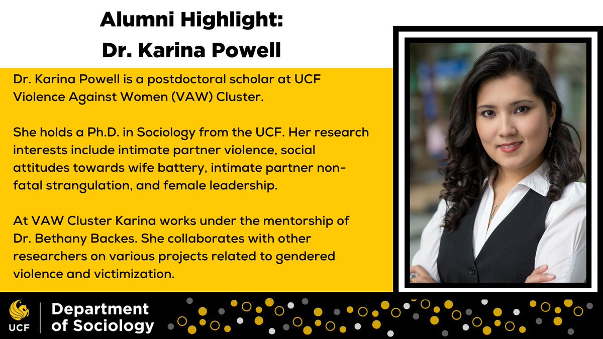 🌟 #AlumniApril Highlight 🌟

#UCF #Sociology alum Dr. Karina Powell is a postdoctoral scholar at @UCF_VAW.

@UCFGradStudies @UCFALUMNI @UCFSciences