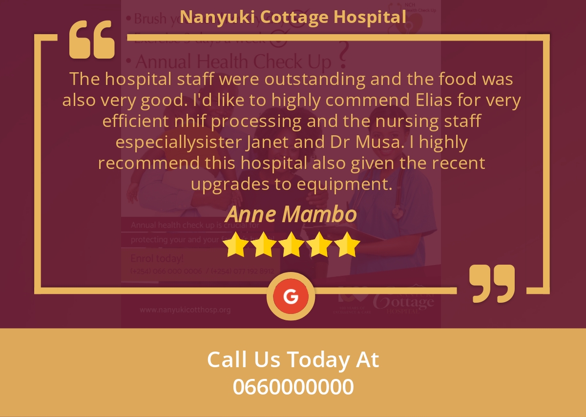 NanyukiCottage's tweet photo. 5 Star: anne m. "The hospital staff were outstanding and the food was also very good. I'd like to highly..." https://t.co/j4xflWoDyc https://t.co/wJVLUUqh2r