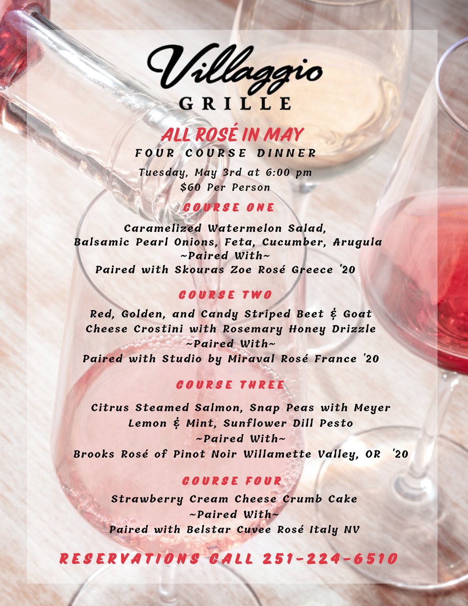 VillaggioOBA's tweet photo. Our All Rosé in May Wine Dinner is less than 1 week away? 🍽🍷
.
Last opportunity to join us for a wine dinner before the fall!
.
This would make a great Mother's Day gift!
.
📞2️⃣5️⃣1️⃣-2️⃣2️⃣4️⃣-6️⃣5️⃣1️⃣0️⃣📲
.
#villaggiogrille #wharf #orangebeachalabama #allroseinmay #winedinner https://t.co/nnZvltCRdP