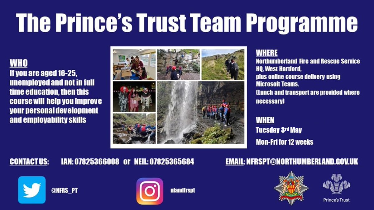 NlandFRS's tweet photo. Are you aged 16 - 25?
Fancy trying something a bit different?
If you are not in fulltime education or if you are unemployed why not drop us a message at nfrspt@northumberland.gov.uk and find out about or #PrincesTrustProgramme @PrincesTrust https://t.co/cplXCrJdEx