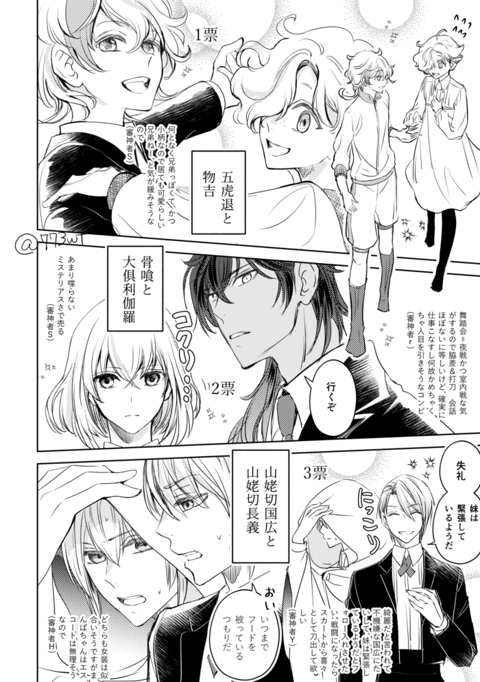 僅差だったので大俱利伽羅とばみの組み合わせも描いた!五虎ちゃん練習着は極前のインナー+胸元にスカートパーツをつけてます。1位だった篭手切も普段のジャージ+スカート着用で練習してる設定だった 
