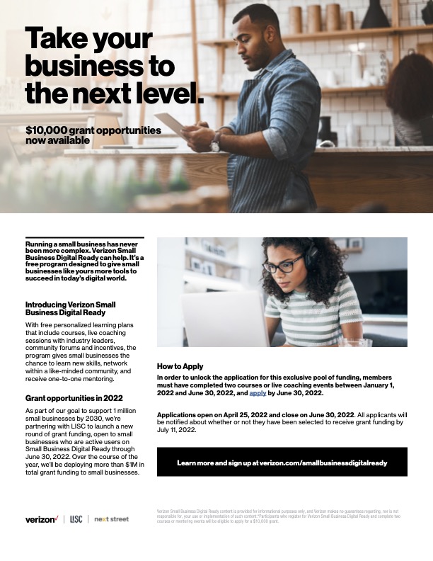 Verizon Small Business Digital Ready is partnering with LISC to commit more than $1M in total grand funding to small business to be deployed over the course of 2022! Applications are now open. Learn more and apply at: verizon.com/about/responsi…