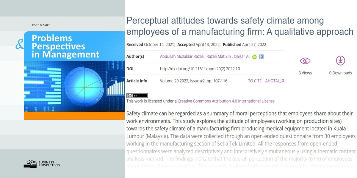 PPM_Journal's tweet image. 🔗 dx.doi.org/10.21511/ppm.2…
📘 Perceptual attitudes towards safety climate among employees of a #manufacturingfirm: A qualitative approach
👥 Abdullah Muzakkir Razali, Razali Mat Zin, Qaisar Ali
#employeeperceptions #safetyclimate #safetyclimatedimensions #safetyculture