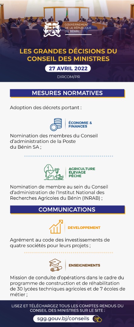 PresidenceBenin's tweet image. #Prbenin #Wasexo #ConseilDesMinistres : 

Infographie récapitulative des grandes décisions du Conseil des ministres de ce mercredi 27 avril 2022.