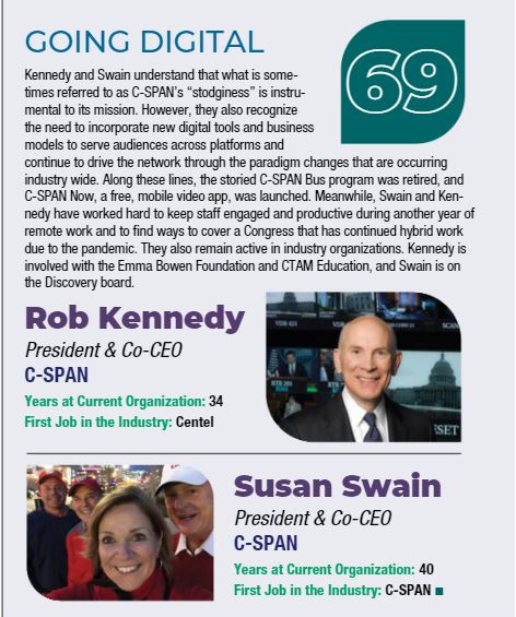 PDad's tweet photo. Thrilled to see C-SPAN co-CEOs @CSPANRob &amp; @CSPANSusan featured in @Cablefax Top Power Players for leading our team through transformational business era. Congrats! #Cablefax100 https://t.co/G12KbWljkz
