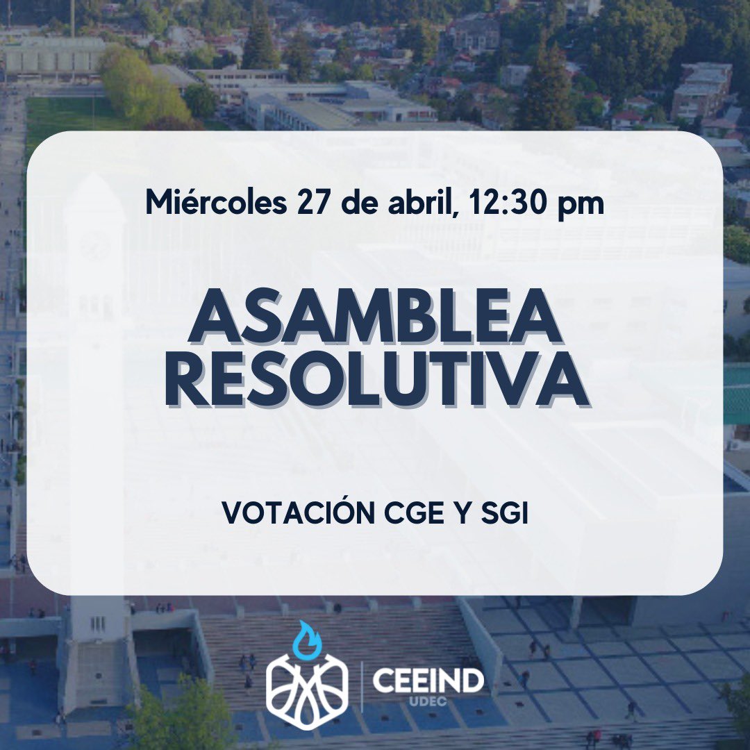 CeeindUdeC's tweet photo. [Asamblea ONLINE] 
Les invitamos a participar de la primera asamblea del año a realizarse hoy a las 12:30 por el canal de Asambleas de Teams.

Los temas a tratar son:
1. Elección Secretaría de Género e Inclusión.
2. Elección CGE 

Les esperamos! 🤩 https://t.co/X1JeLTAVOh