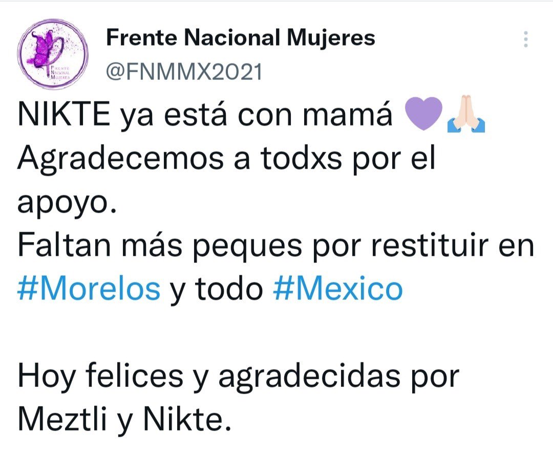 IdentidadMorCom's tweet photo. NIKTE YA ESTÁ CON SU MAMÁ 

El Frente Nacional de Mujeres informó mediante su cuenta de #Twitter que la menor #Nikte la cual se encontraba desaparecida porque su papá se la llevó sin la autorización de su mamá Meztli, ahora ya se encuentra con ella. #Cuernavaca https://t.co/aPMzDdIHw3
