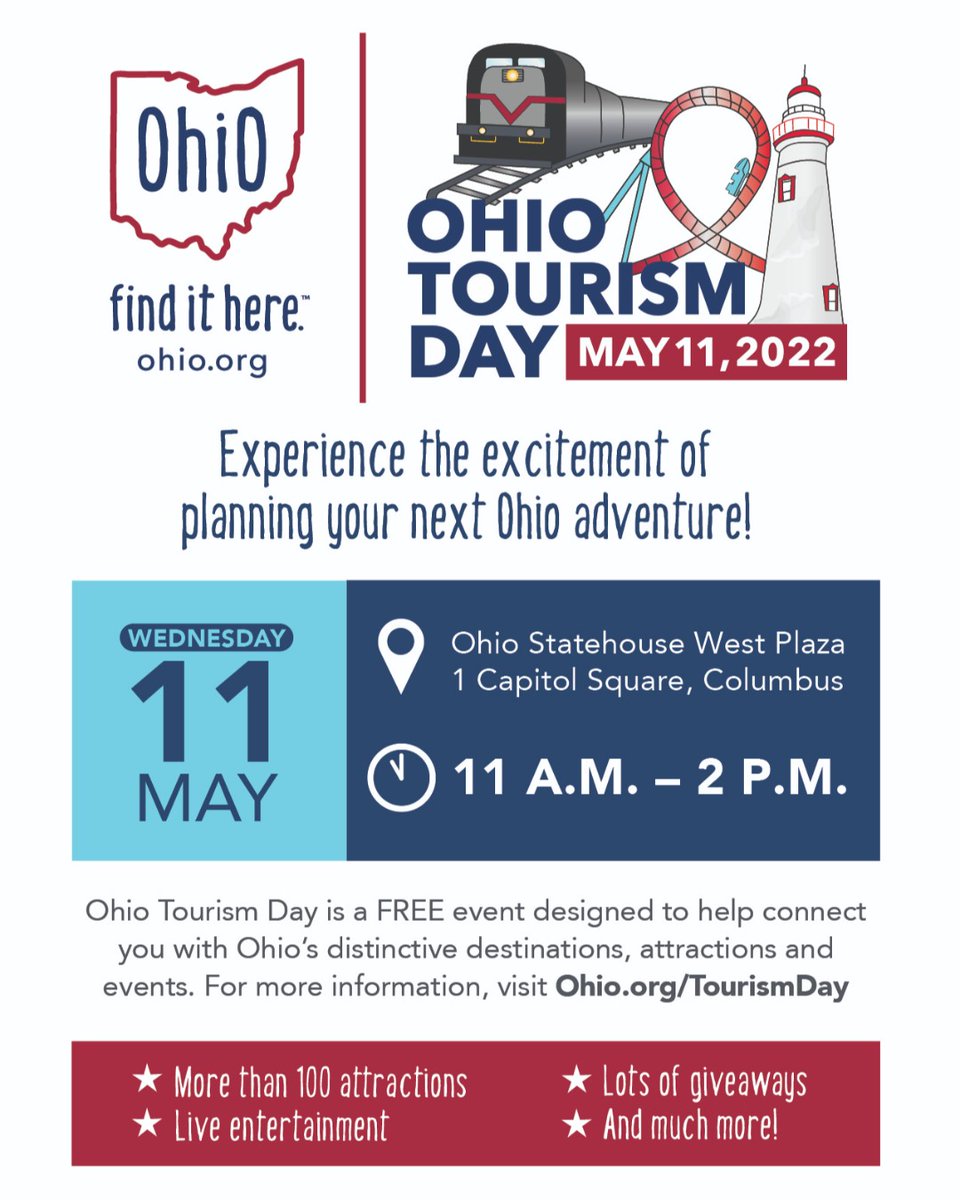 Did you know May 11 is Ohio Tourism Day? Join @OhioFindItHere and  97 exhibitors on the Statehouse lawn for the celebration of Ohio’s tourism industry!

May 2
11am - 2pm

#ohiolodging #ohiohotel #traveleconomy #tourismohio #ohiofindithere