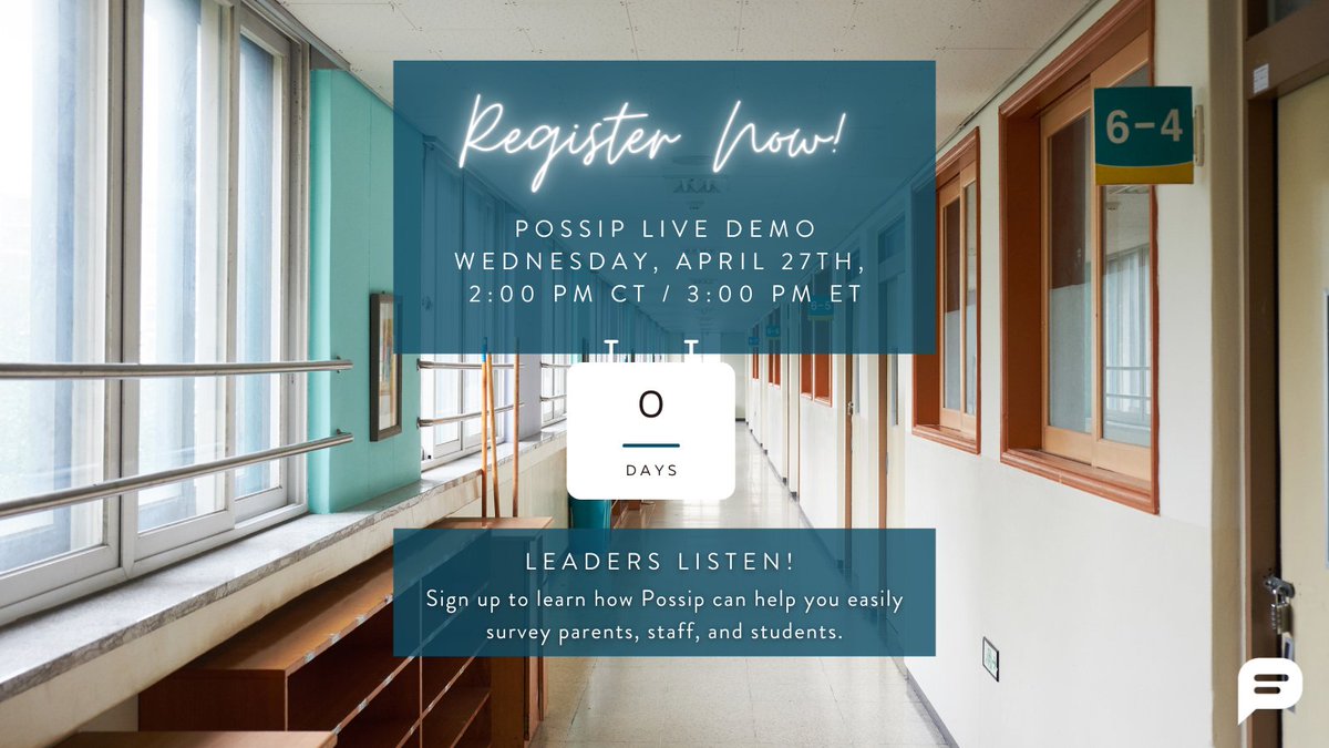 PossipIt's tweet image. You are transforming your schools! See how you can take it to the next level at our Possip live demo happening TODAY at 2 PM CT / 3 PM ET! 📱

Register now! zcu.io/DJbX 🔗

#Possip #EdChat #PossipDemo