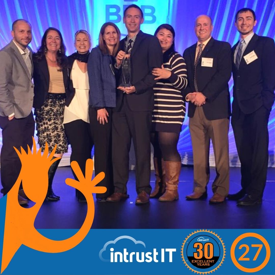 intrustIT's tweet photo. It's the 27th of April, which represents the 27th year of Intrust IT. In this year in history (2019), Intrust IT became employee-owned: https://t.co/6Z64ZWJhda 
📷 In 2015 we won the BBB Torch Award for ethics in business. #30yearsold #intrustit #outsourceyourworry https://t.co/Y5PpdoiXsL