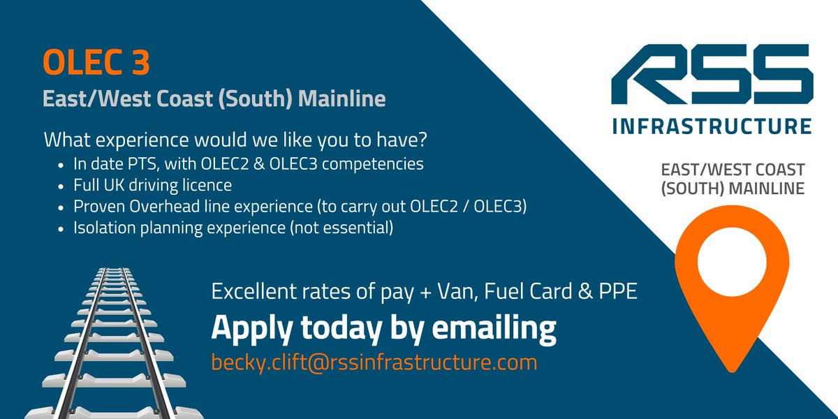 RSS_Infra's tweet photo. OLEC 3 π’
π East/West Coast (South) Mainline
π·ββοΈ Excellent rates of pay + Van, Fuel Card and all PPE provided
For more information/to apply ‡
π https://t.co/hjKhLTJ5WD
π§ becky.clift@rssinfrastructure.com
#ukjobs #railjobs #PTS #OLEC2 #OLEC3 https://t.co/gQJ3FbU5nw