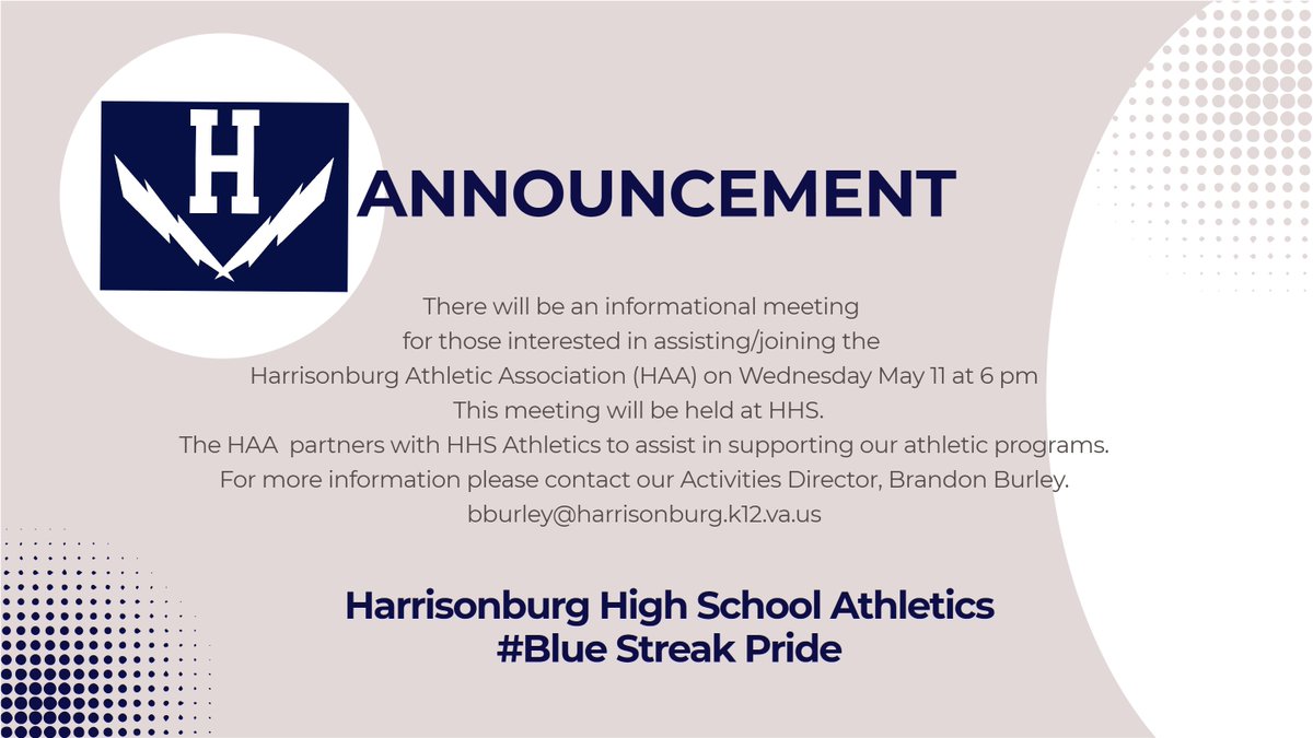 HHS_BlueStreaks's tweet photo. Please join us on Wednesday May 11th at 6 pm to learn more about the Harrisonburg Athletic Association and Harrisonburg Athletics.  #BlueStreakPride https://t.co/6wOSWV8EuG