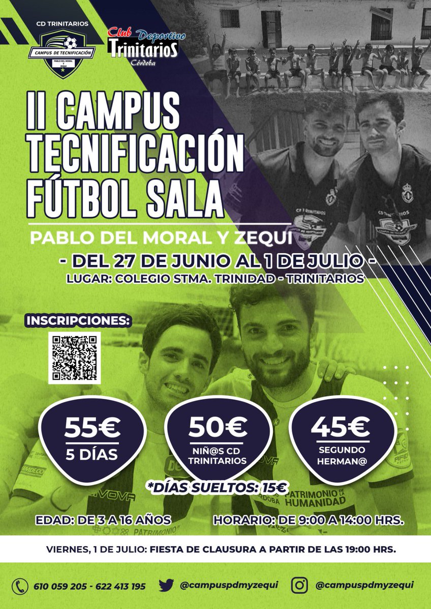 Campuspdmyzequi's tweet photo. II CAMPUS TECNIFICACIÓN FÚTBOL SALA PABLO DEL MORAL Y ZEQUI 
*INCLUYE:
 -Ropa deportiva 
 - Desayuno diario
 - Tecnificación de Porteros
 - Galería de Fotos 
 - Diplomas II Campus
*VIERNES TORNEO CLAUSURA.
PRÓXIMAMENTE TODA LA INFORMACIÓN RESPECTO A NUESTROS PATROCINADORES https://t.co/XIWLAwUpPD