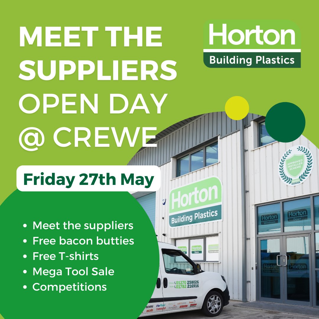 Hortonline's tweet photo. Meet the Suppliers Open Day!
βοΈ Friday 27th May @ Crewe βοΈ
Register your interest: https://t.co/Xn2iokOCiQ
.
#openday #hortonbp #buildingplastics #tradesmen #tradecounter #buildingplasticssupplier #cheshire #crewe #installers #liniar #rehau #solidor #staffordshire https://t.co/BVy7Vw3J84