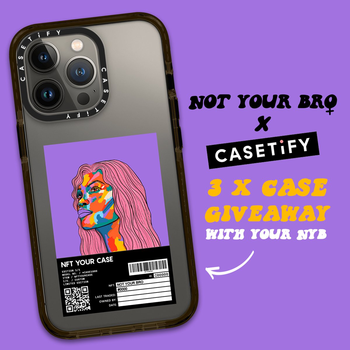 NotYourBroNFT's tweet photo. We've got 3 phone cases to giveaway with your Not Your Bro on from @nftyc_io (by @Casetify ) !
To enter:
RT ✨
Follow @artFT_io &amp; @NFTYC_io 💜
Ends May 3rd 11.59pm EST https://t.co/oTleUuwaxM