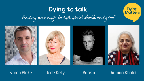 DyingMatters's tweet photo. Let’s start from scratch with language, imagery, and approach to conversations about death.

Join us, Tuesday 3 May @ 4.30 pm for a conversation about shifting the narrative around death: https://t.co/jW4uKeSRUx #DMAW2022 @rankinphoto @Simonablake @judekellystudio @womenzonebfd https://t.co/g9lRIkfxBC