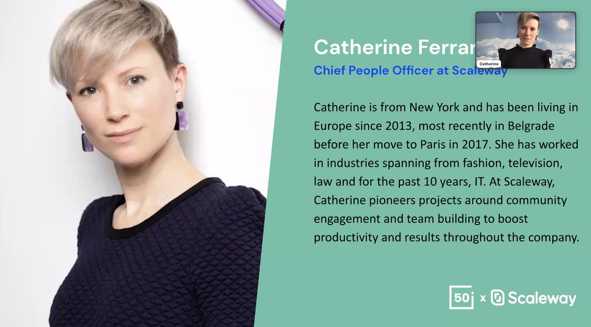 Scaleway's tweet photo. @catherinefsimon @NourZerhouni @50inTech @catherinefsimon - our CPO is speaking at the @50inTech Cyber &amp; Cloud Bootcamp. 
A piece of advice from her: Sharing your success is not bragging. You achieved that result and you should be proud of it 🏆 https://t.co/YnQRrC41j8