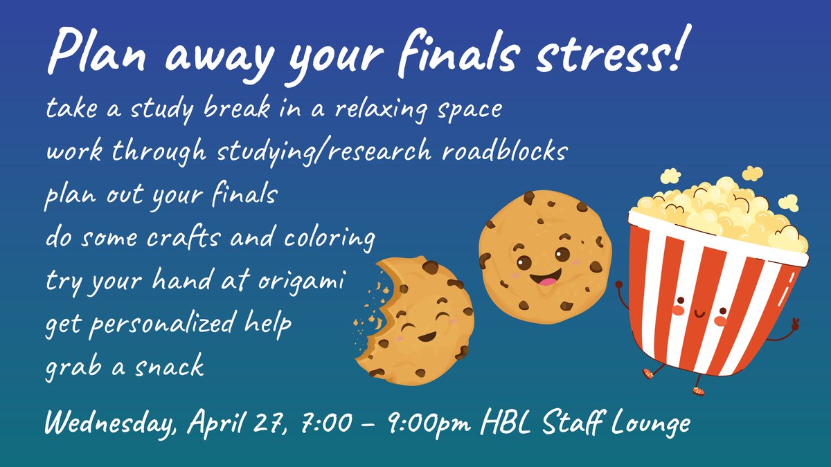 uconnlibrary's tweet photo. A good plan can eliminate some stress!!! Swing by the HBL Staff Lounge tonight from 7-9 and take a break with some some snacks and crafts, and when you're ready we can help plan out your finals and develop a flowchart to work through common studying/research roadblocks. https://t.co/W1bfrPrD2B