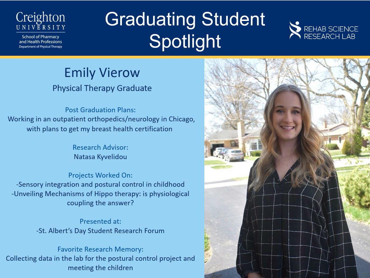 CreightonRehab's tweet photo. Congratulations Emily! Emily is graduating from @Creighton_DPT in a few days. Thank you for all of your work in the lab and best of luck in your future position! @Creighton @CreightonSPAHP #DPTGrad #2022Grad https://t.co/5WD1zpZNyF