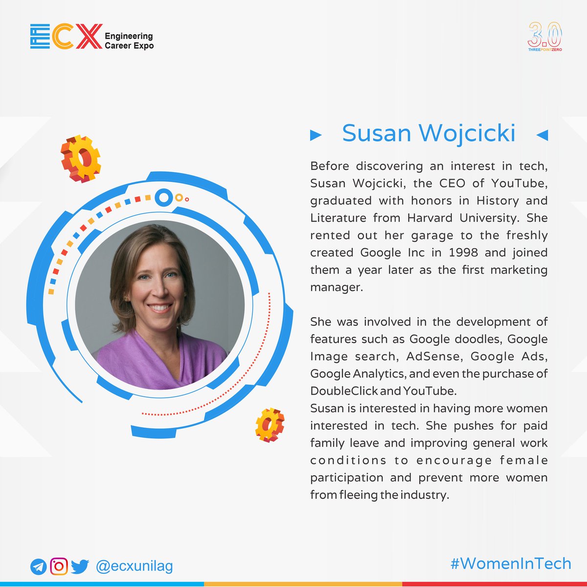 engcareerexpo's tweet photo. Our woman in tech for this week is @SusanWojcicki 

We all use Google and YouTube. But how much do you know about the people behind the scenes? Susan Wojcicki is one of the earliest members of Google and now the CEO of YouTube.

#ecx3 #ecxunilag #womenintech https://t.co/3zRlthePnl