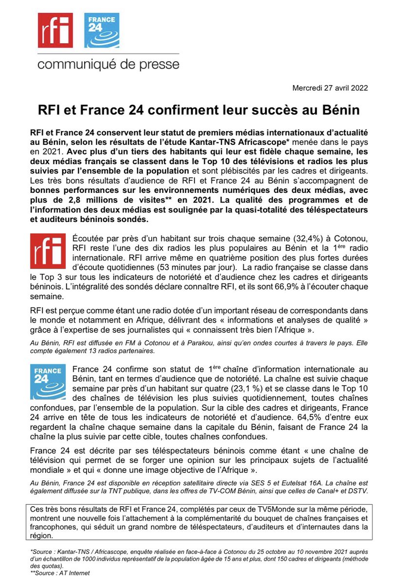 PressF24's tweet image. 🇧🇯 @FRANCE24 confirme son succès au #Bénin

🥇 1ère chaîne d’info internationale
👁 Suivie par près d’1 habitant sur 4 chaque semaine
📺 Dans le Top 10 des chaînes les plus suivies quotidiennement (toutes chaînes confondues)

🙏 Merci aux Béninois pour leur fidélité 

#F24