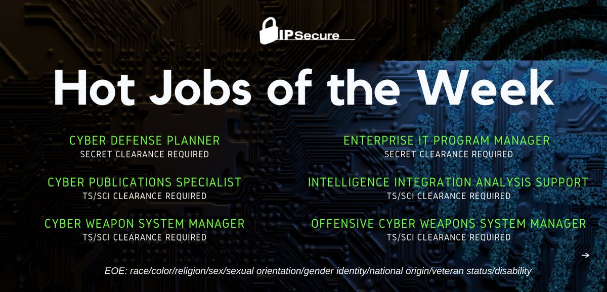 IPSecureinc's tweet photo. @IPSecureinc is hiring!! See our Hot Jobs of the Week and visit our Careers page, in the link below, to view active listings.
https://t.co/aWhir48rkE

#cybersecurity #cybercareers #hiring #hotjobs #it #technology #changetheworld #cyberdefense #satx #sanantoniocareers #WeAreHiring https://t.co/lUnjYKd7I8