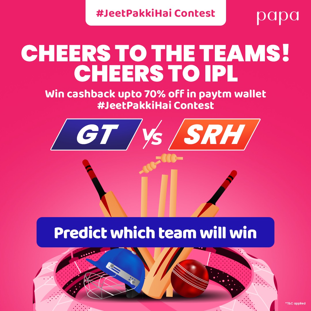 This IPL
Cheers to Papa Brands Cashback Offer!
Shop  now &amp; get upto 70% cashback in your paytm wallet everyday.

#JeetPakkiHai Contest.

#papabrands #ipl #contest #ipl2022 #contestalertindia #contesttime #shoponline #iplpredictionn #onlineshopping #contestgram