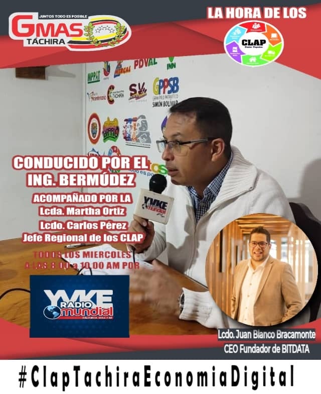 claplobatera's tweet photo. Hoy #27Abril No se pierdan *"La Hora de los Clap"* por @YvkeTachira 94.5 FM con un invitado de lujo, el CEO y fundador de #BitDataVzla *@JblancoB* experto Criptomonedas, para hablar de este novedoso mundo y los planes para #Tachira en Economía Digital 
#ClapTachiraEconomiaDigital https://t.co/OUEAMjAKQv