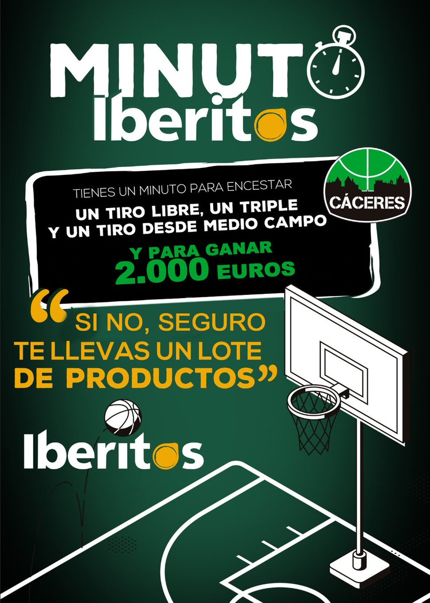 Caceres_Basket's tweet photo. #LEBOro|🏀🅹3⃣1⃣🏀
El viernes vuelve el baloncesto al Multiusos y vuelve ⏱️#MinutoIberitos. ¡Consigue 2.000€ en 1⃣minuto con un tiro libre, un triple y un tiro desde medio campo!

🔄 ❤️ si deseas participar

Si eres el agraciado te llevas seguro un lote de productos @Iberitos 🐷 https://t.co/n0mhAPBNed