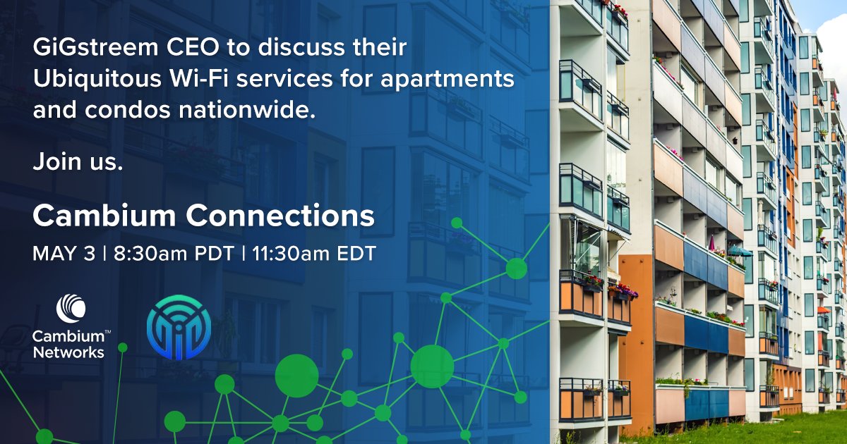 DISCOVER NEW OPPORTUNITIES. In our upcoming #CambiumConnections virtual event, hear from <a href="/GiGstreem/">Gigstreem</a>'s CEO to learn about providing ubiquitous Wi-Fi services for apartments and condos nationwide.

Register: bit.ly/38t8I6E

#WiFi #MSP #ManagedServices #NetworkSolutions
