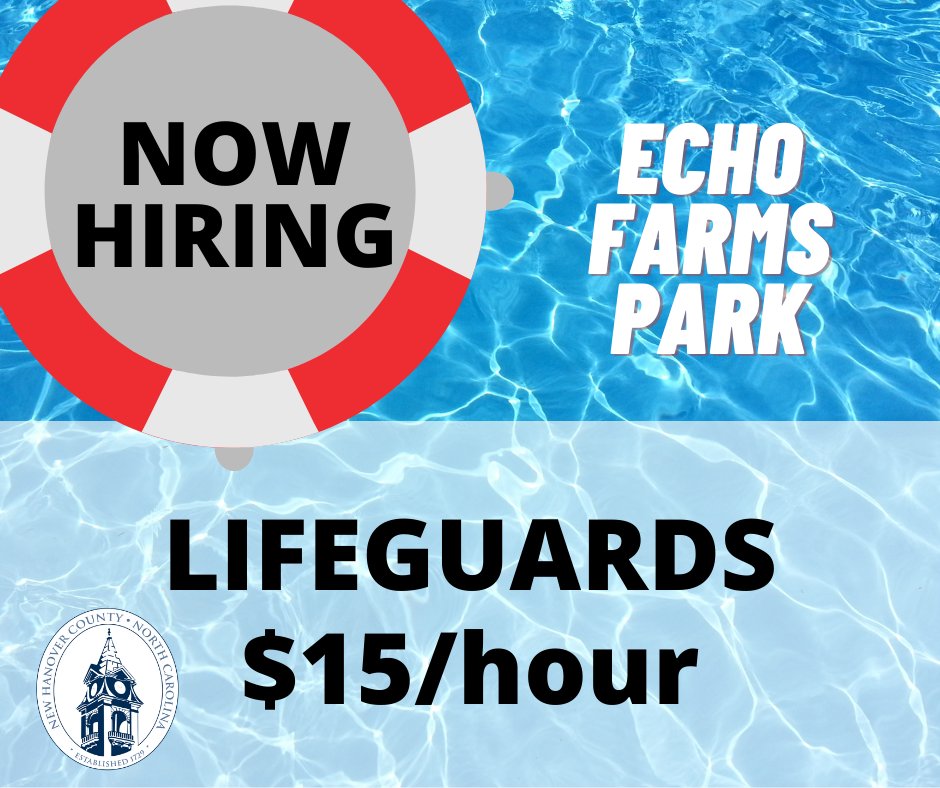 NHCParks's tweet image. New Hanover County Parks &amp;amp; Gardens is looking for lifeguards to work at Echo Farms Park this the summer.  Learn more and apply at governmentjobs.com/careers/nhc/jo…. 
*We will train &amp;amp; certify qualified applicants- must be at least 16 and be able to pass the lifeguard certification pre-test