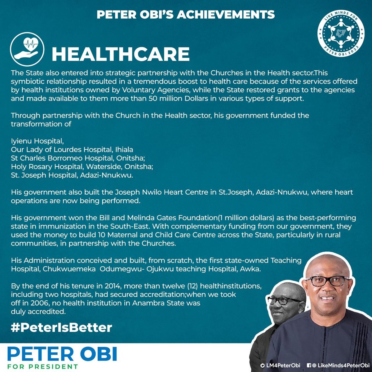 LM4PeterObi's tweet photo. H. E Peter Obi improved health care in Anambra State through strategic partnerships and healthcare infrastructure development, imagine what will happen if he becomes President... Seen the Vision?.
#PeterIsBetter
#Iam4PeterObi
#GiveUsPeterObi
#followthevision
#LikeMinds4PeterObi https://t.co/IyEI1o1aTW
