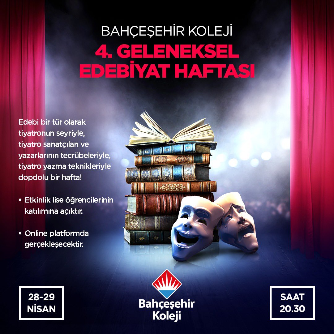 🛎 Bahçeşehir Koleji 4. Geleneksel Edebiyat Haftası Başlıyor! 

Edebi bir tür olarak tiyatronun seyriyle, tiyatro sanatçıları ve yazarlarının tecrübeleriyle, tiyatro yazma teknikleriyle dopdolu bir hafta lise öğrencilerimizi bekliyor.🎭
 
🗓28-29 Nisan
⏰ 20.30

#bahçeşehirkoleji
