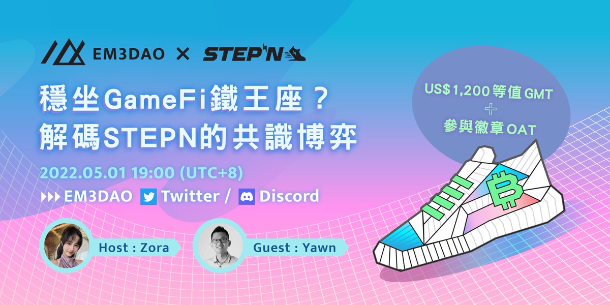 【 LIVE AMA：穩坐 GameFi 鐵王座？解碼 #STEPN 共識博弈 】

✅ Follow <a href="/Stepnofficial/">STEPN GO</a> &amp; <a href="/em3_dao/">EM3DAO</a>
✅ RT 本篇貼文並 tag 兩位朋友
推特將抽出 2 位幸運兒各獲得 US$100 等值 GMT

🙋填寫提問表單，三個優質問題將被摘選納入提問環節，抽中者每人獲得 US$100 等值 GMT

表單：forms.gle/5yr7PzsLMCeFeU…