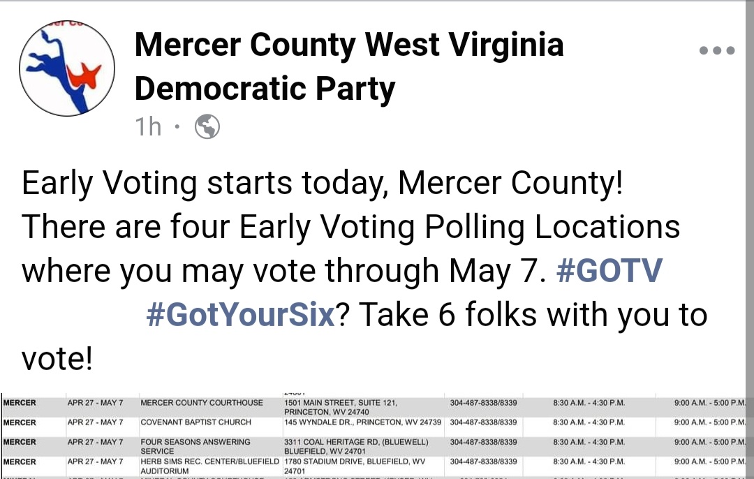 ErinPwv's tweet photo. 📣Mercer Co. early voting locations!!
➡️April 27-May 7!
#VoteWV #EarlyVoting #GOTV #WVpol https://t.co/Dm9AiQc53u
