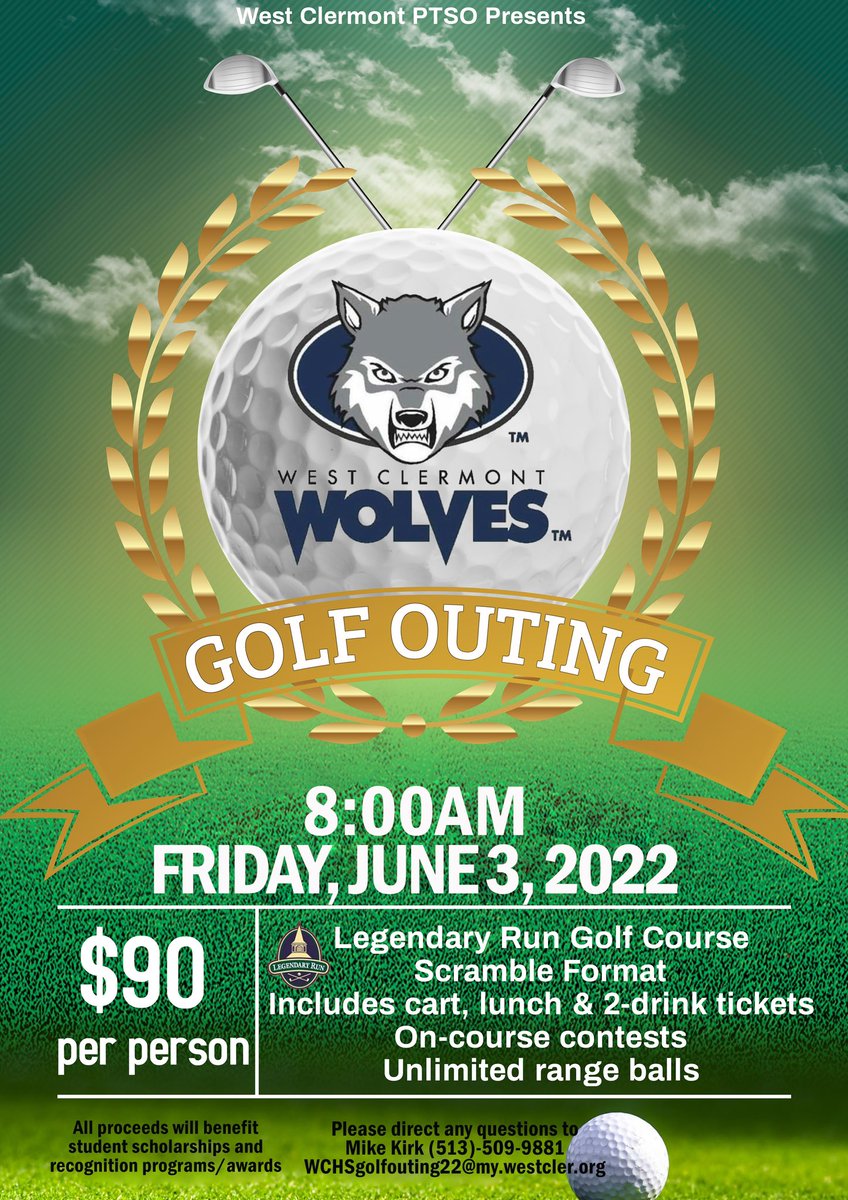 🐺WCHS PTSO Golf Outing 🐺 June 3rd 8am shotgun start at Legendary Run $90 per player. We are looking for teams, hole sponsors, cart sponsors, and event sponsors. WCHSgolfouting22@my.westcler.org for more info 🐺🏌️‍♂️  @PtsoWchs @WestCler @WCHS_AP Go Wolves
