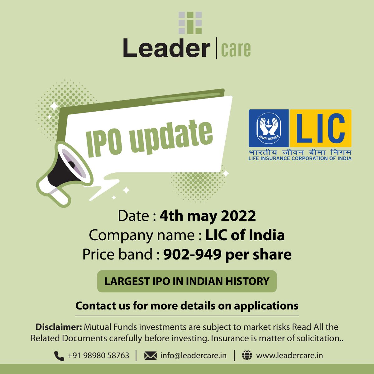 care_leader's tweet photo. 4th May, 2022 is going to be a historical date in the Indian equity market!

Do you know why?

India's largest IPO of LIC to open on that day with a price band Rs. 902-949 per share. 

It's going to be the largest IPO in Indian history.

 #leadercare #LIC #IPO #licindia https://t.co/7S42W8094B