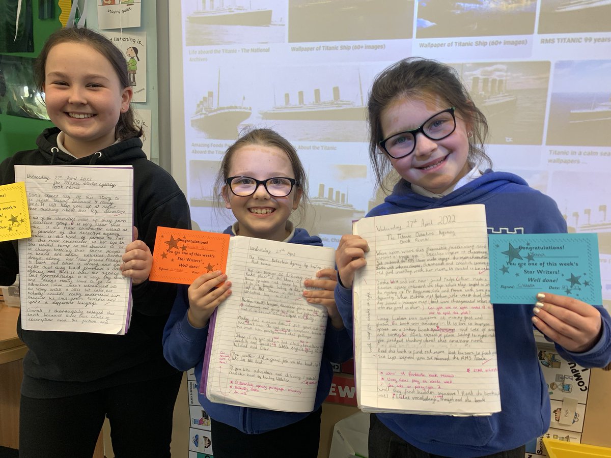 DeanburnP6HE's tweet photo. Todays first three star writers! Zoom in to read these epic book reviews on The Titanic Detective Agency by @ljlittleson #Literacy #JuniorRed https://t.co/YM65FHBnRH